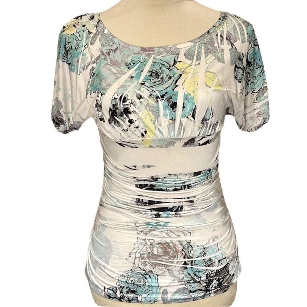 Y2K Byer California Green White Boatneck Ruched Floral Artsy Blouse Sz XL Fairy